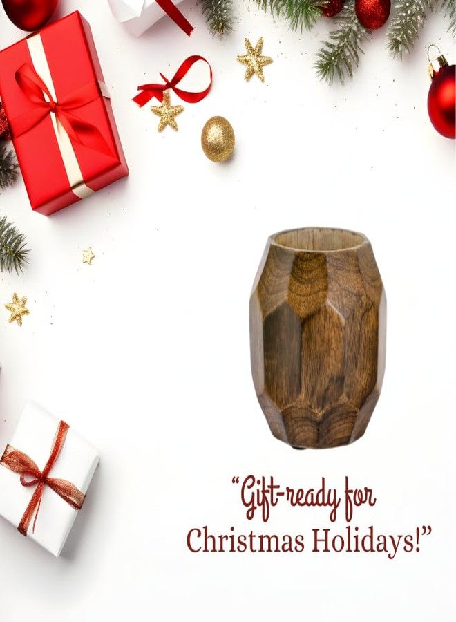 Mie Creations Geometric Wooden Pencil Holder for Desk Table | Wood Pen Cup Stand for Office, Cute Desktop Organizer for Makeup Brushes, Stationery Decor | Rustic Christmas Holiday Gifts- Brown 4'' - Image 4